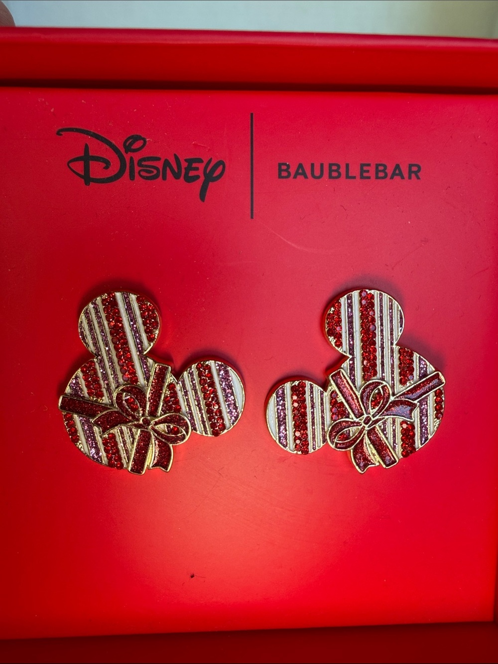 BaubleBar Red and Gold Mickey Bow Stripe Stud Earrings NIB